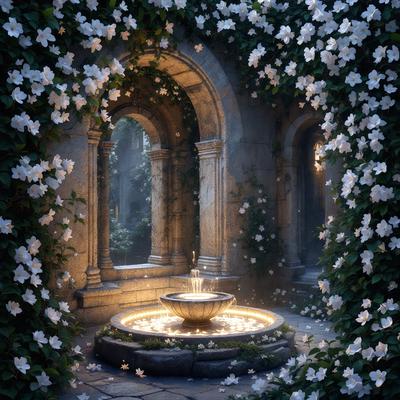 The primary subject of the image is a fountain, which is located in the middle of a garden. The fountain is surrounded by a beautiful garden setting, featuring a variety of flowers and greenery. The visual style of the image is a digital art, creating a serene and peaceful atmosphere. The colors and mood of the image are predominantly white, with the flowers adding a touch of color and vibrancy to the scene.
